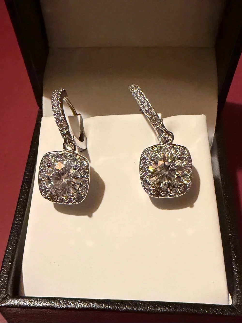 925 Silver Moissanite Cushion Halo Drop Earrings - Picture 1 of 2